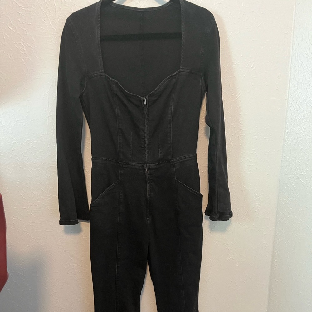 Black denim zip up jumpsuit